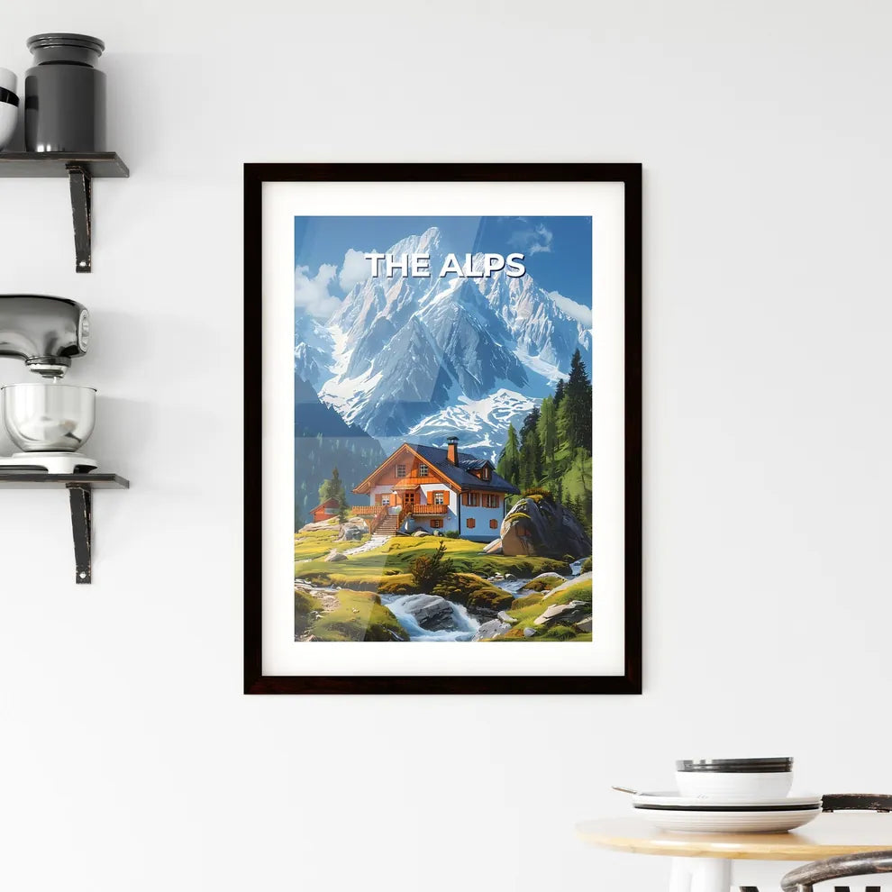 Artfully Captivating Alpine Landscape: A House Amidst Mountain Majesty Custom Print