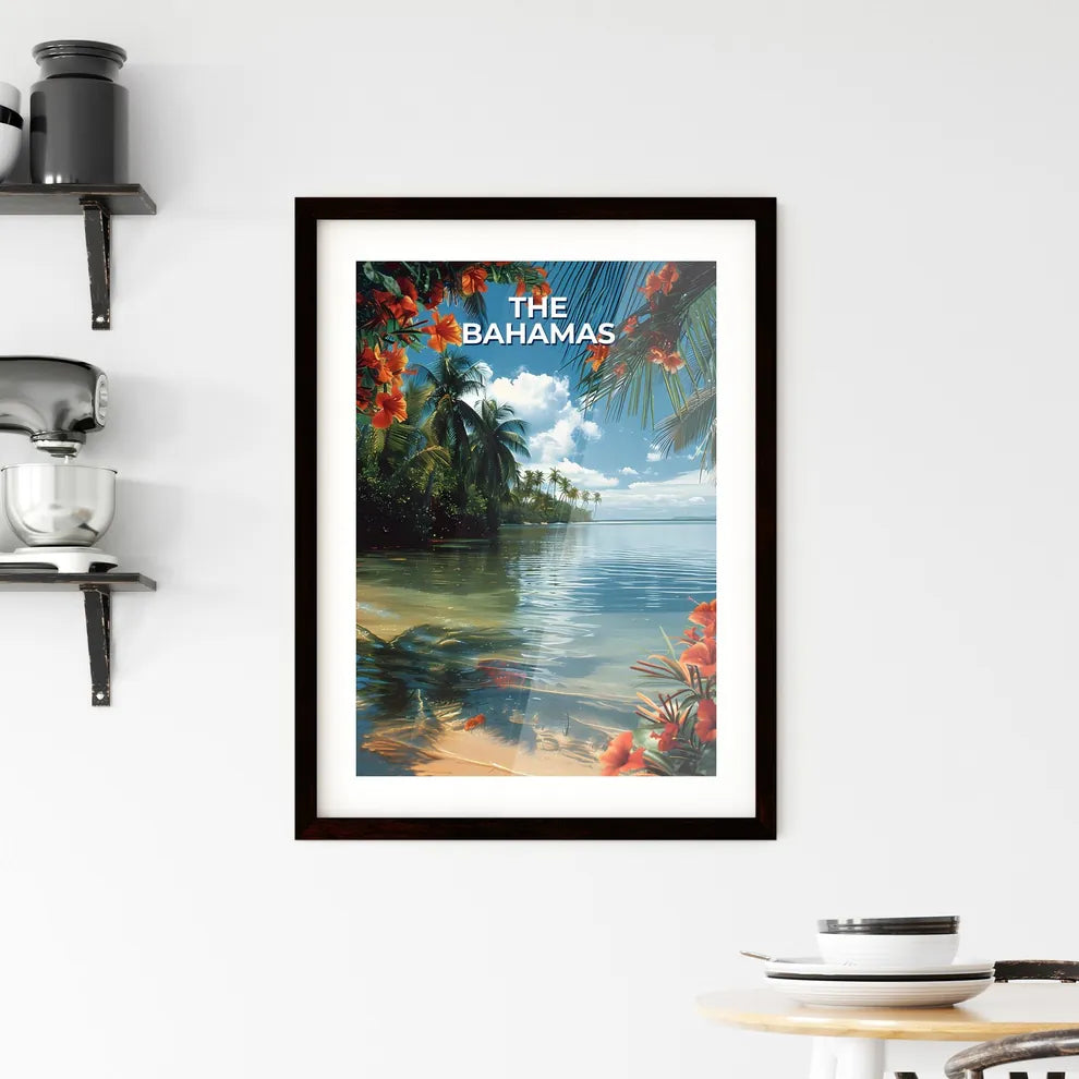Tropical Beach with Palm Trees and Orange Fl Framed Print