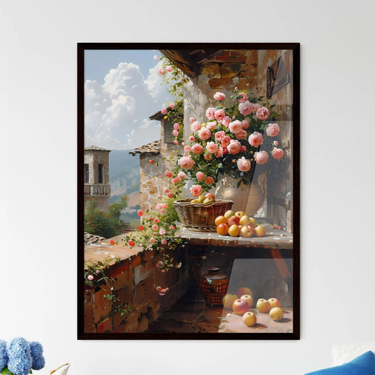 Classical Fruit and Flower Still Life Painting on Ancient Table, Art Print, Basket, Fruit, Flowers, Ledge, Vibrant, Oil Painting, Decor Framed Art