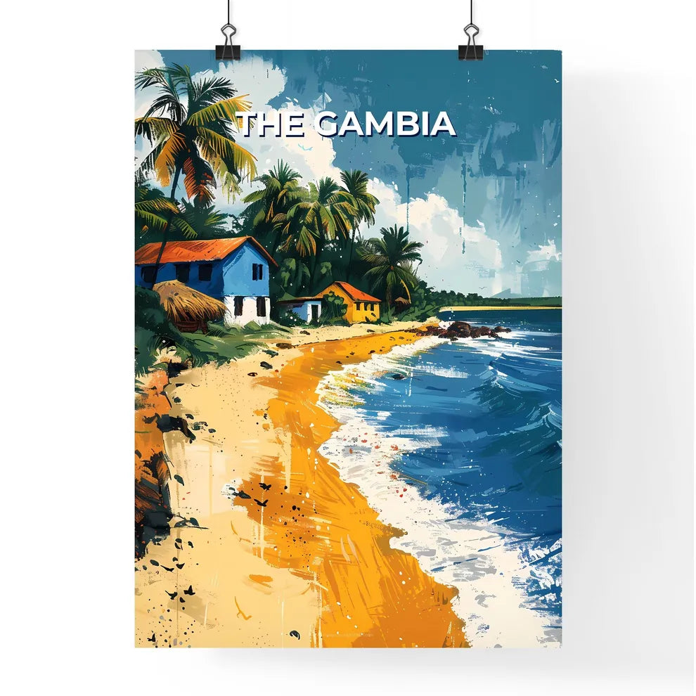 Vibrant African Art: The Gambia Beach Scene with Houses and Palm Trees Poster