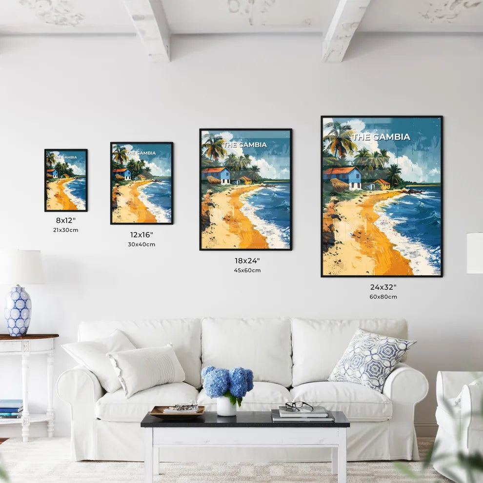 Vibrant African Art: The Gambia Beach Scene with Houses and Palm Trees Size Chart