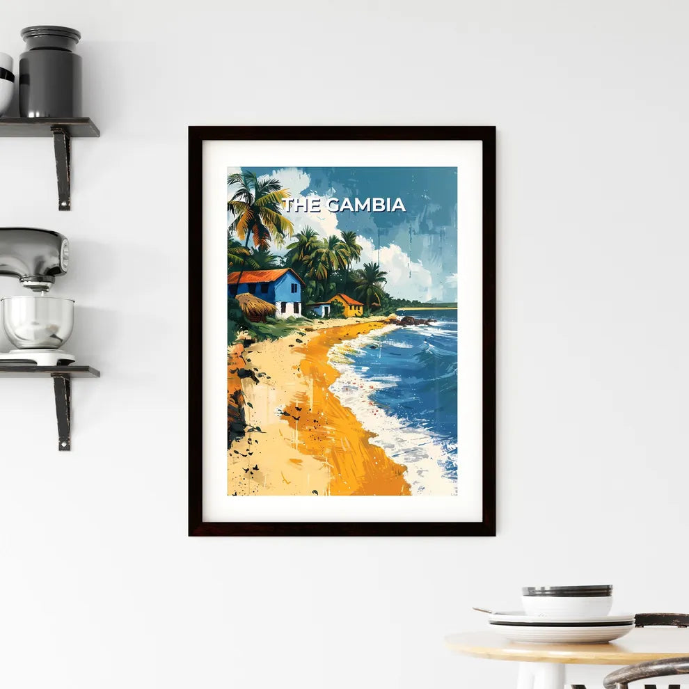 Vibrant African Art: The Gambia Beach Scene with Houses and Palm Trees Custom Print