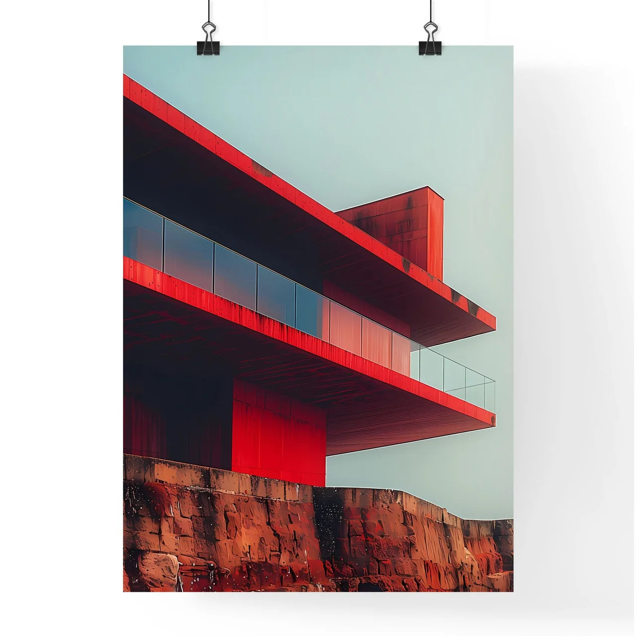 Minimalist Fine Art Architecture Painting Focus on Red Rooftop with Balcony Vibrant Pantone Color Poster