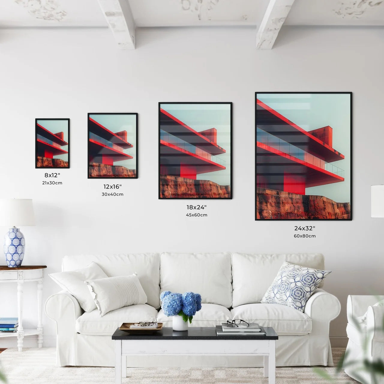 Minimalist Fine Art Architecture Painting Focus on Red Rooftop with Balcony Vibrant Pantone Color Size Chart