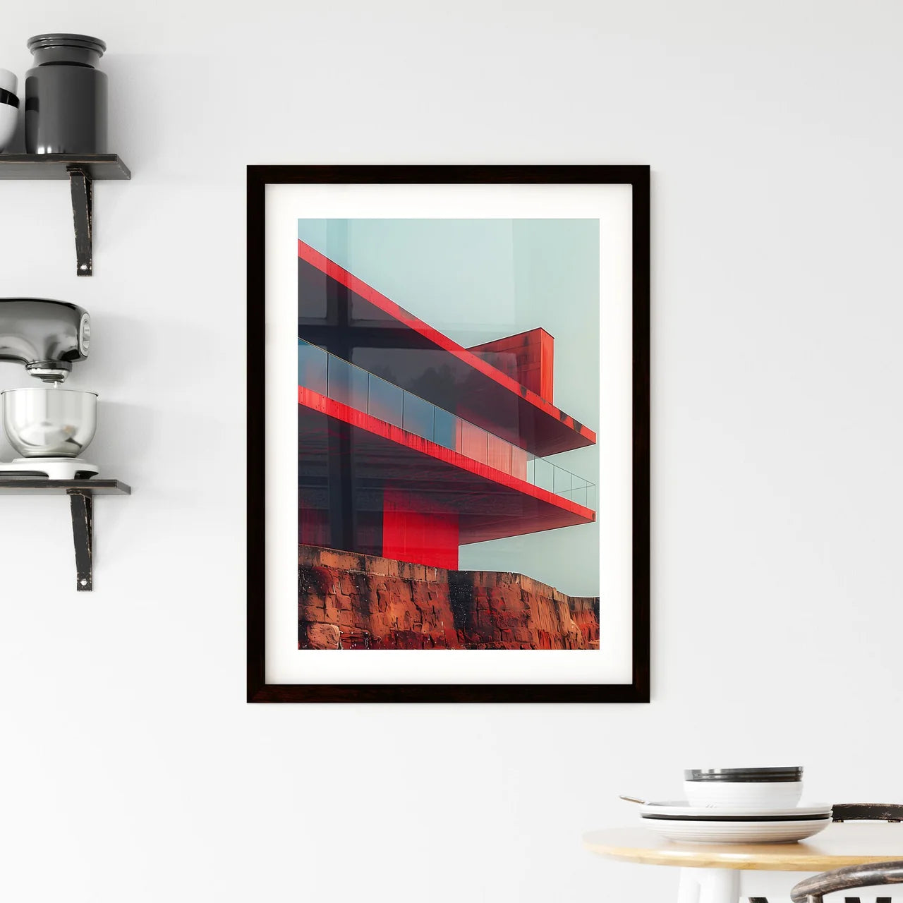 Minimalist Fine Art Architecture Painting Focus on Red Rooftop with Balcony Vibrant Pantone Color Custom Print