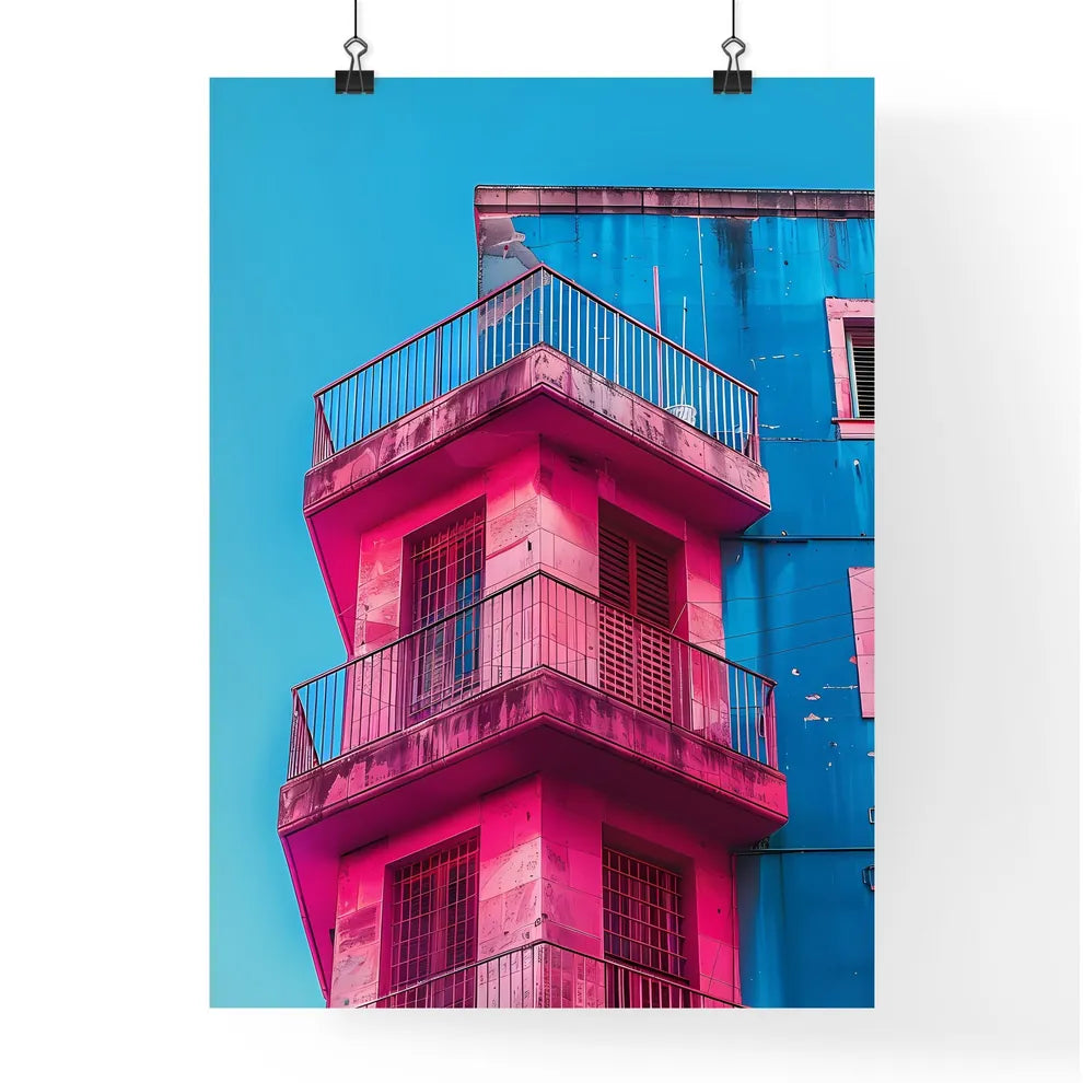 Minimalist architectural art photography featuring a blue building with bold pink paint accents, showcasing the architectural and artistic elements Poster