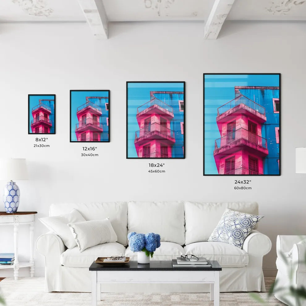 Minimalist architectural art photography featuring a blue building with bold pink paint accents, showcasing the architectural and artistic elements Size Chart