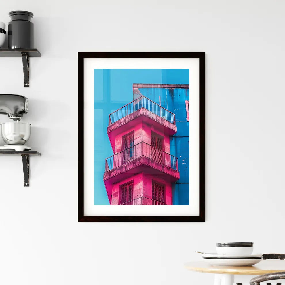 Minimalist architectural art photography featuring a blue building with bold pink paint accents, showcasing the architectural and artistic elements Custom Print