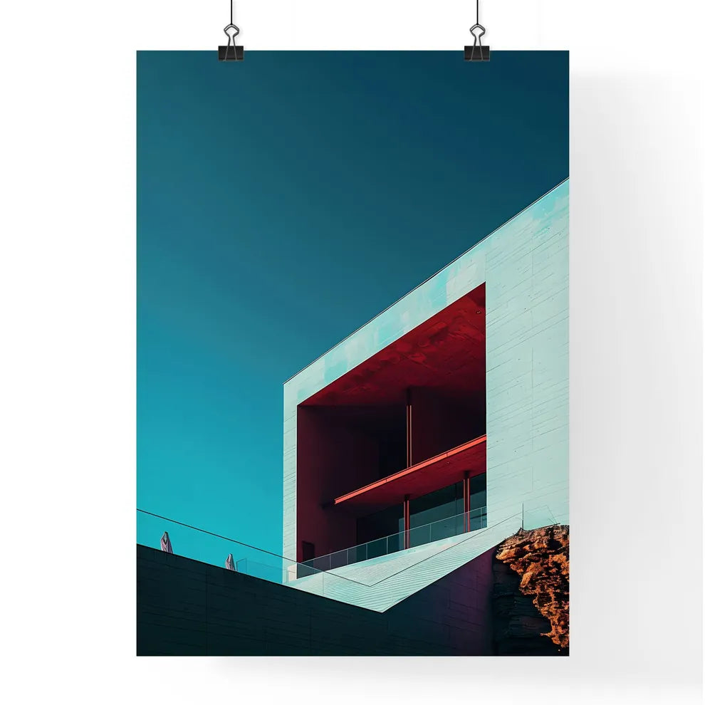 Vibrant Architecture Art Photo: Red Square Window, Minimalist Rooftop, Pantone Colors Poster
