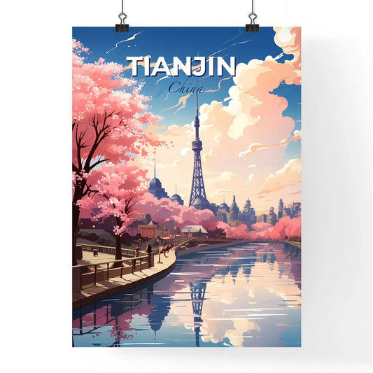 Tianjin China Skyline Canal Painting Pink Trees Tower Cityscape Vibrant Art Default Title