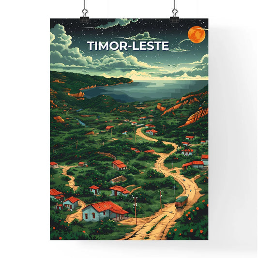 Timor-Leste Southeast Asia houses river landscape art painting colorful traditional culture travel scenic Poster
