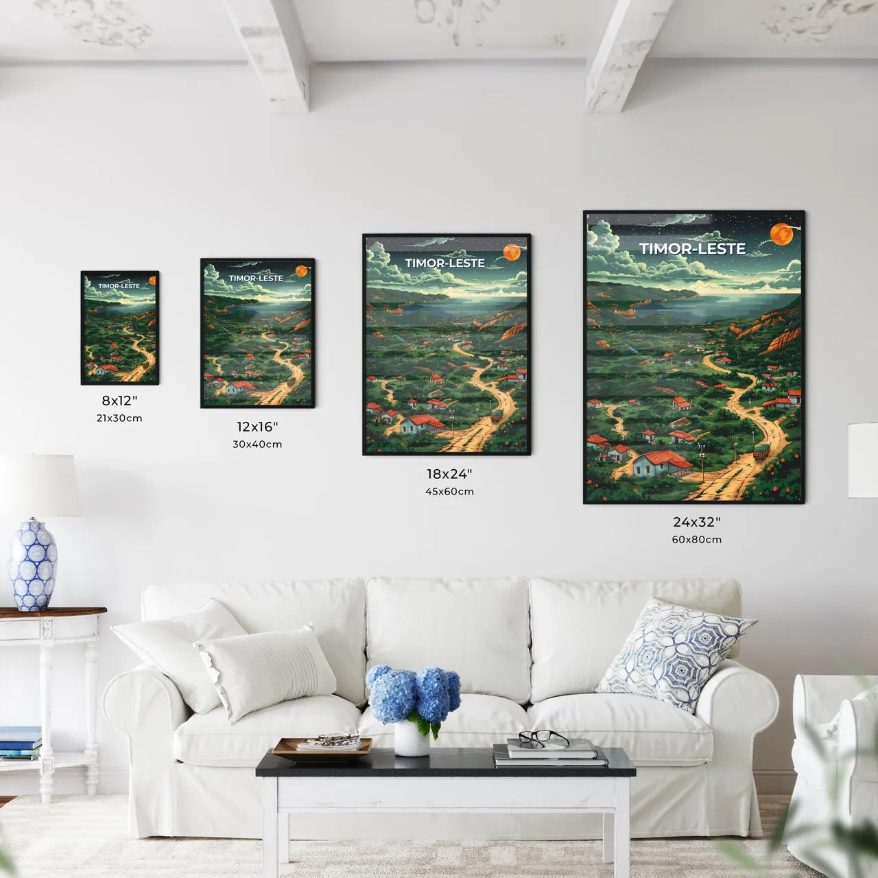 Timor-Leste Southeast Asia houses river landscape art painting colorful traditional culture travel scenic Size Chart