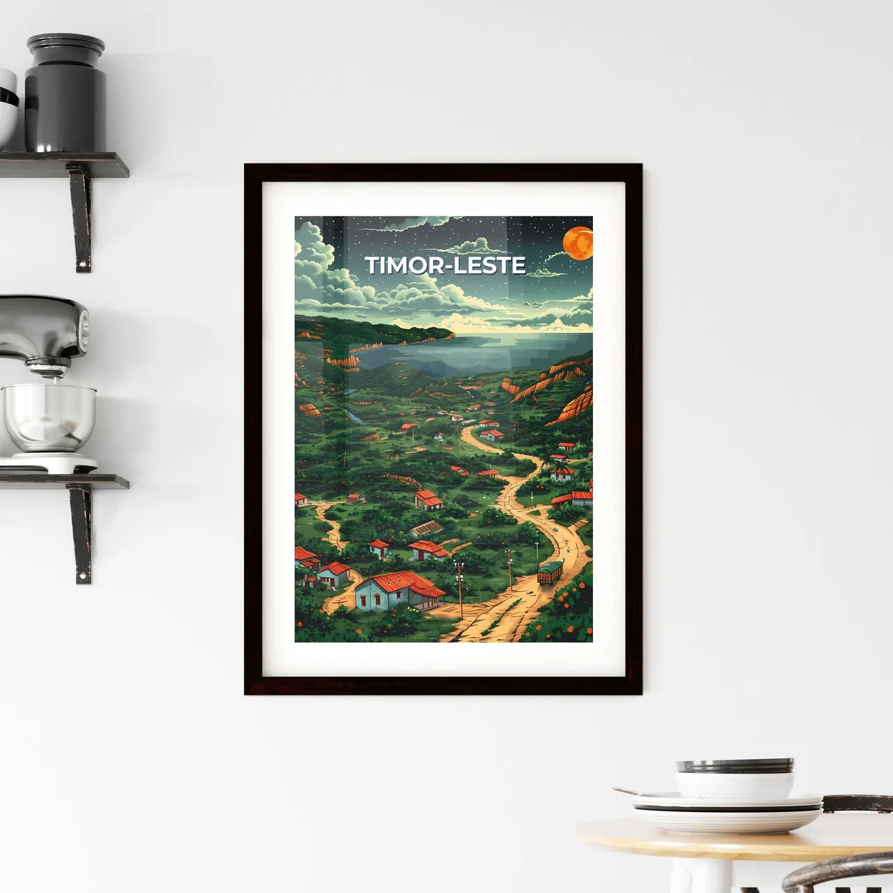 Timor-Leste Southeast Asia houses river landscape art painting colorful traditional culture travel scenic Custom Print
