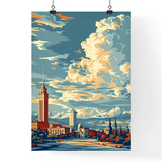 Vintage travel poster of Albania featuring a vibrant cityscape with tall buildings and clouds Poster