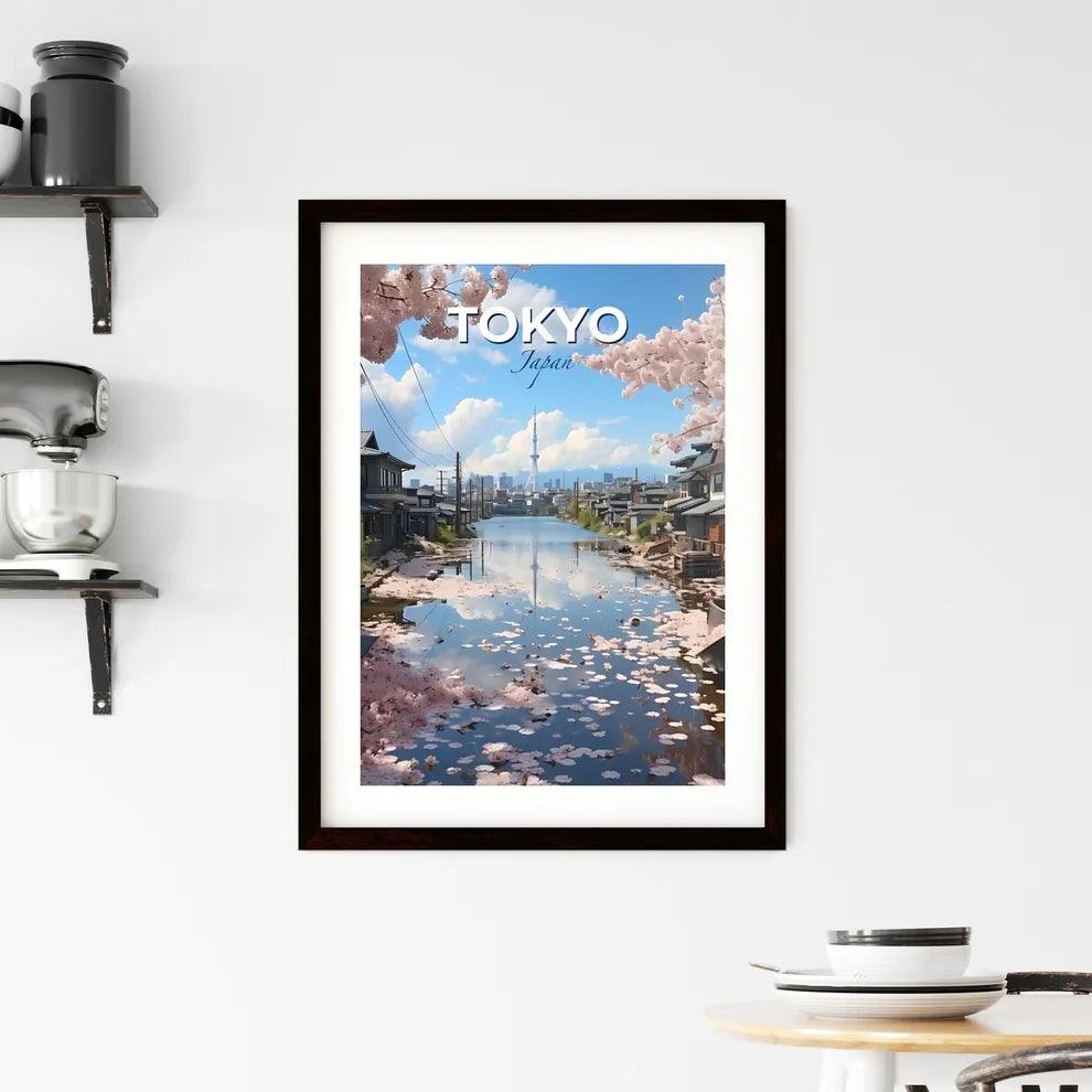 Vibrant Cityscape Painting: Tokyo Skyline with Pink Blossoms River Reflections Default Title