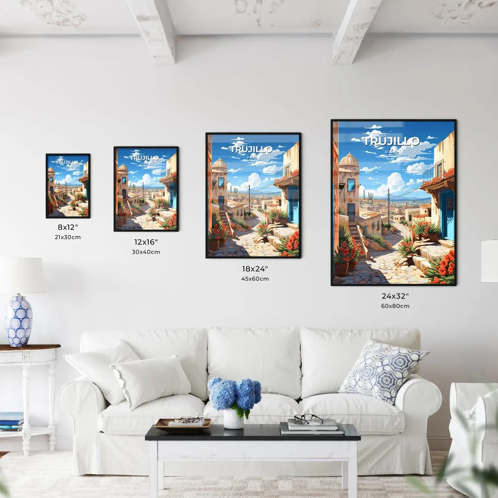 Painting of Trujillo Peru City Skyline Featuring Vibrant Building Facades and Flowers Default Title