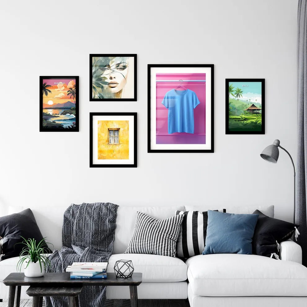 Artistic Blue T-Shirt Mockup with Vibrant Pa Wall Art