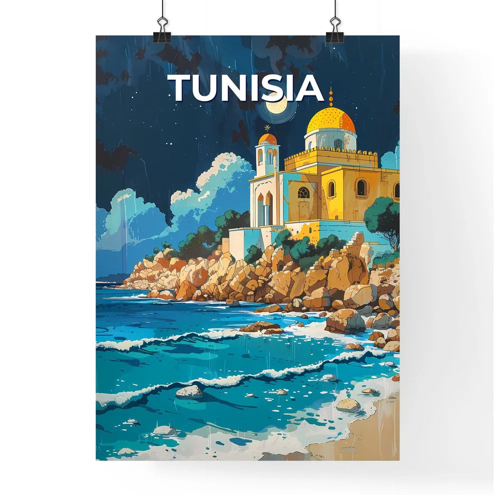 Vibrant Abstract Art: Rocky Beach Building, Tunisia, Africa Poster