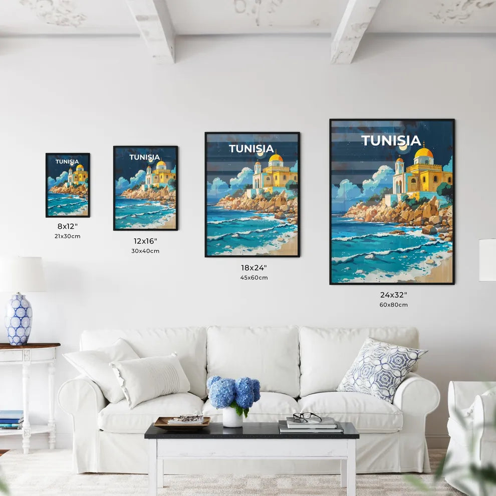 Vibrant Abstract Art: Rocky Beach Building, Tunisia, Africa Size Chart