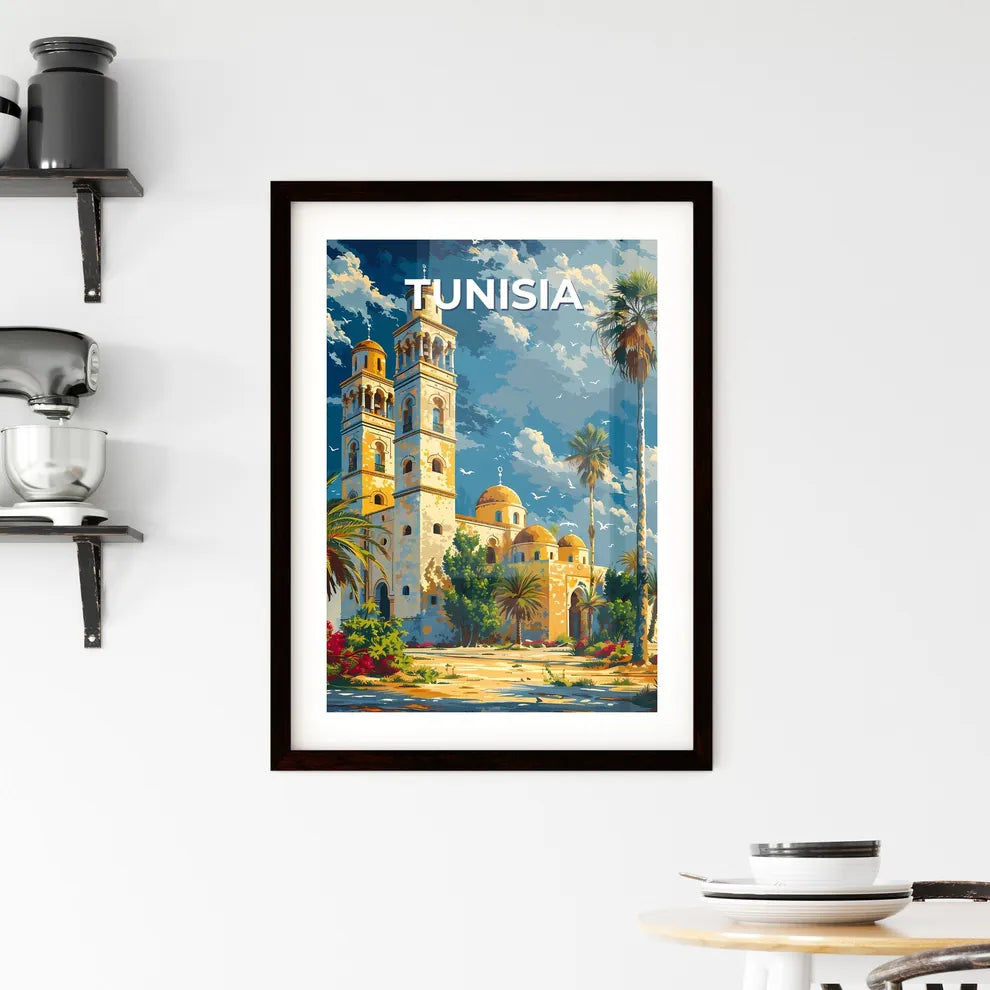 Vibrant African Architecture: Towered Building and Trees in Tunisia Custom Print