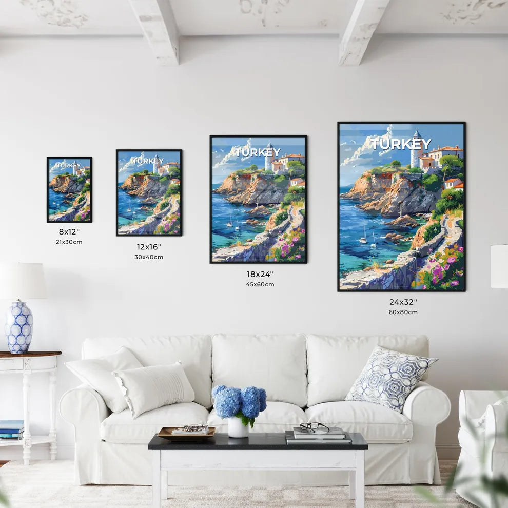 Vibrant Painting of a Coastal House Perched on a Cliff by the Water, Turkey, Europe Size Chart