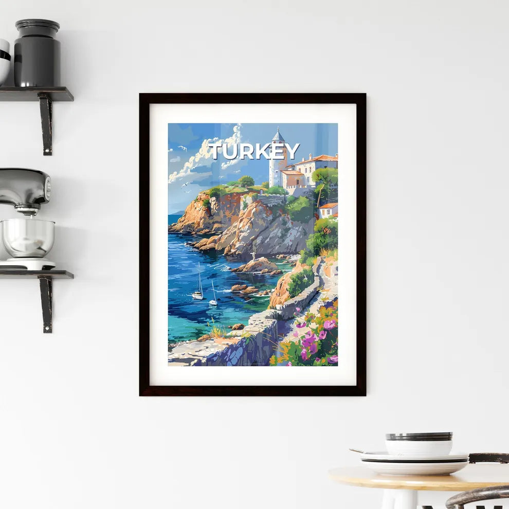 Vibrant Painting of a Coastal House Perched on a Cliff by the Water, Turkey, Europe Custom Print