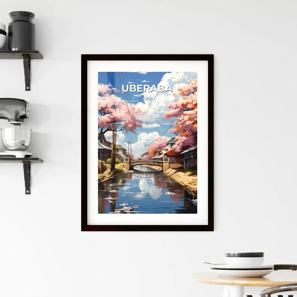 Uberaba City Skyline Water Canal Bridge Pink Trees Vibrant Painting Art Default Title