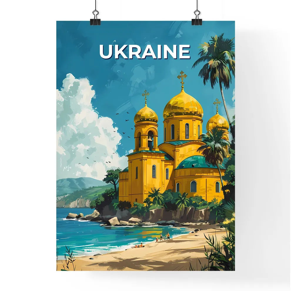 Artful Representation of Ukrainian Culture: Vibrant Building, Beach, and Palm Trees Poster