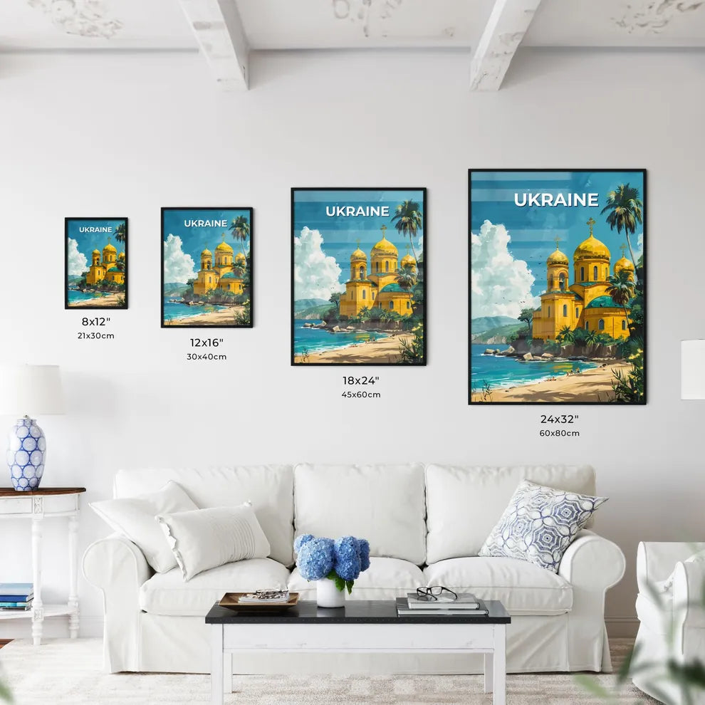 Artful Representation of Ukrainian Culture: Vibrant Building, Beach, and Palm Trees Size Chart