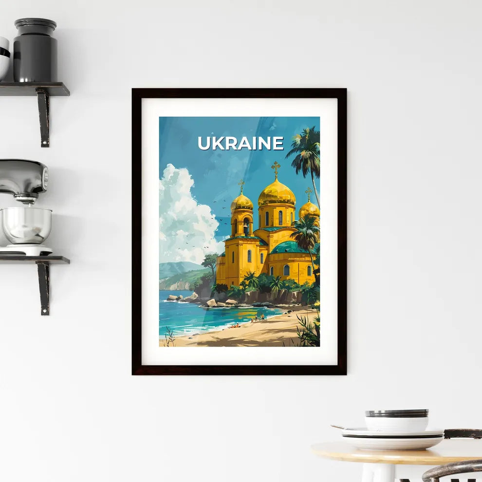 Artful Representation of Ukrainian Culture: Vibrant Building, Beach, and Palm Trees Custom Print