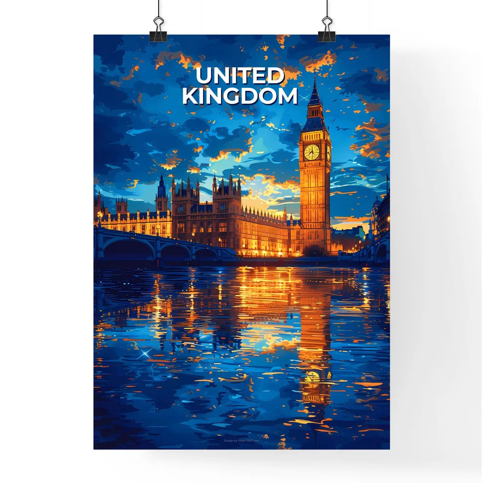Vibrant Art Depicting Clock Tower in Bustling European City Poster