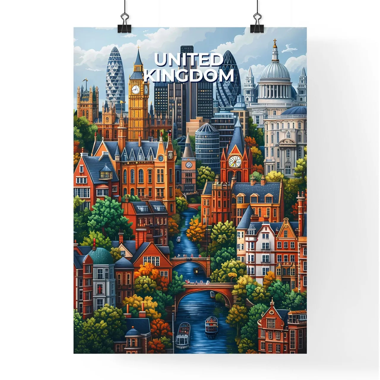 Cityscape Painting of a Vibrant European Metropolis with Buildings and a River Poster