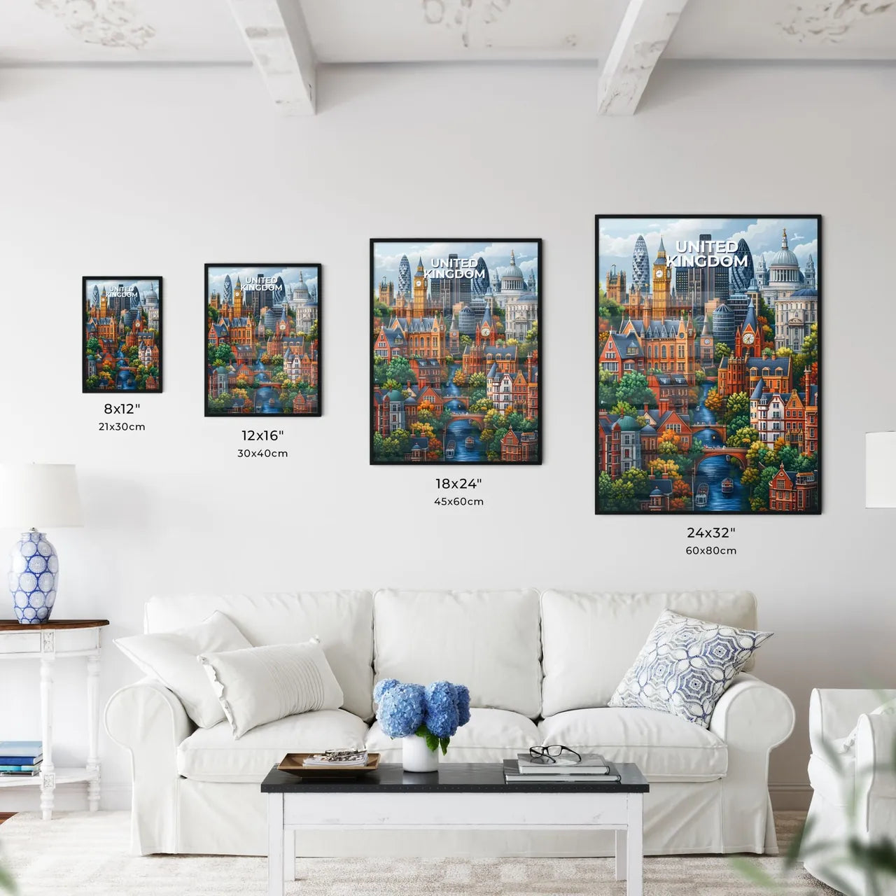 Cityscape Painting of a Vibrant European Metropolis with Buildings and a River Size Chart