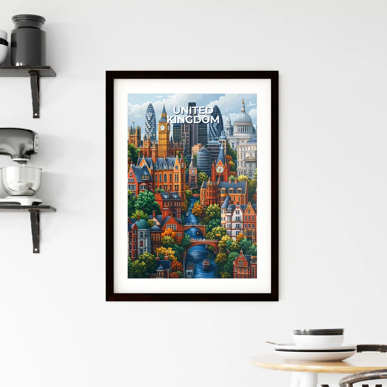 Cityscape Painting of a Vibrant European Metropolis with Buildings and a River Custom Print