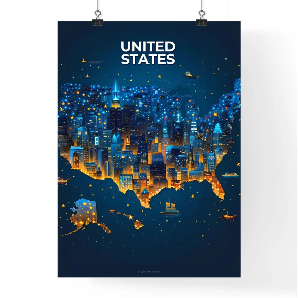 Abstract Painting of the United States with Buildings and Ships in North America Poster