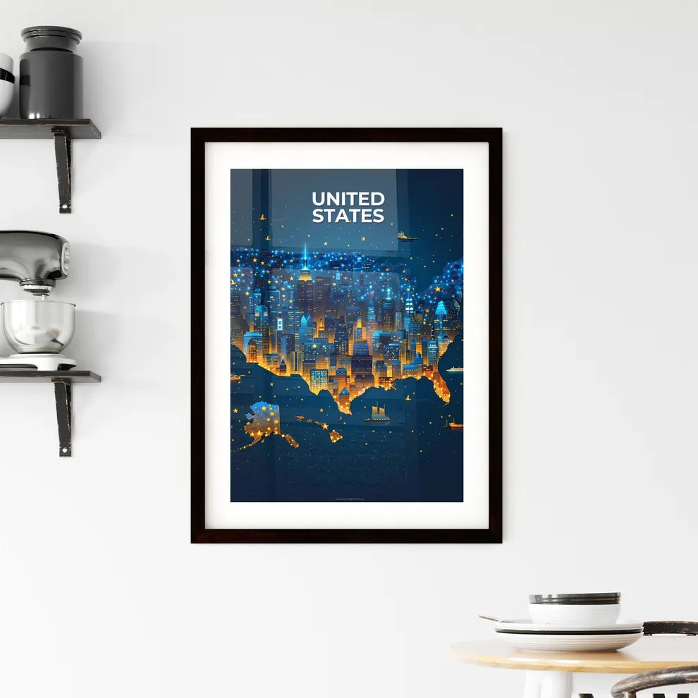 Abstract Painting of the United States with Buildings and Ships in North America Custom Print