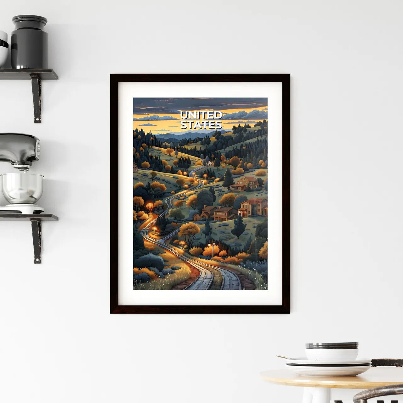 Colorful American Village Scenery Painting - Framed Print