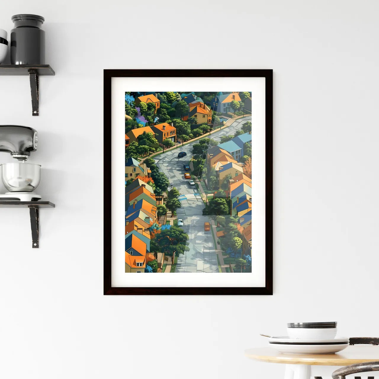 Aerial View Painting of Colorful Neighborhoo Framed Print