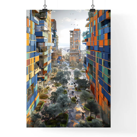 Urban Painting Depicting City Life with Walking People, Showcasing Artistic Style and Vibrant Colors Poster