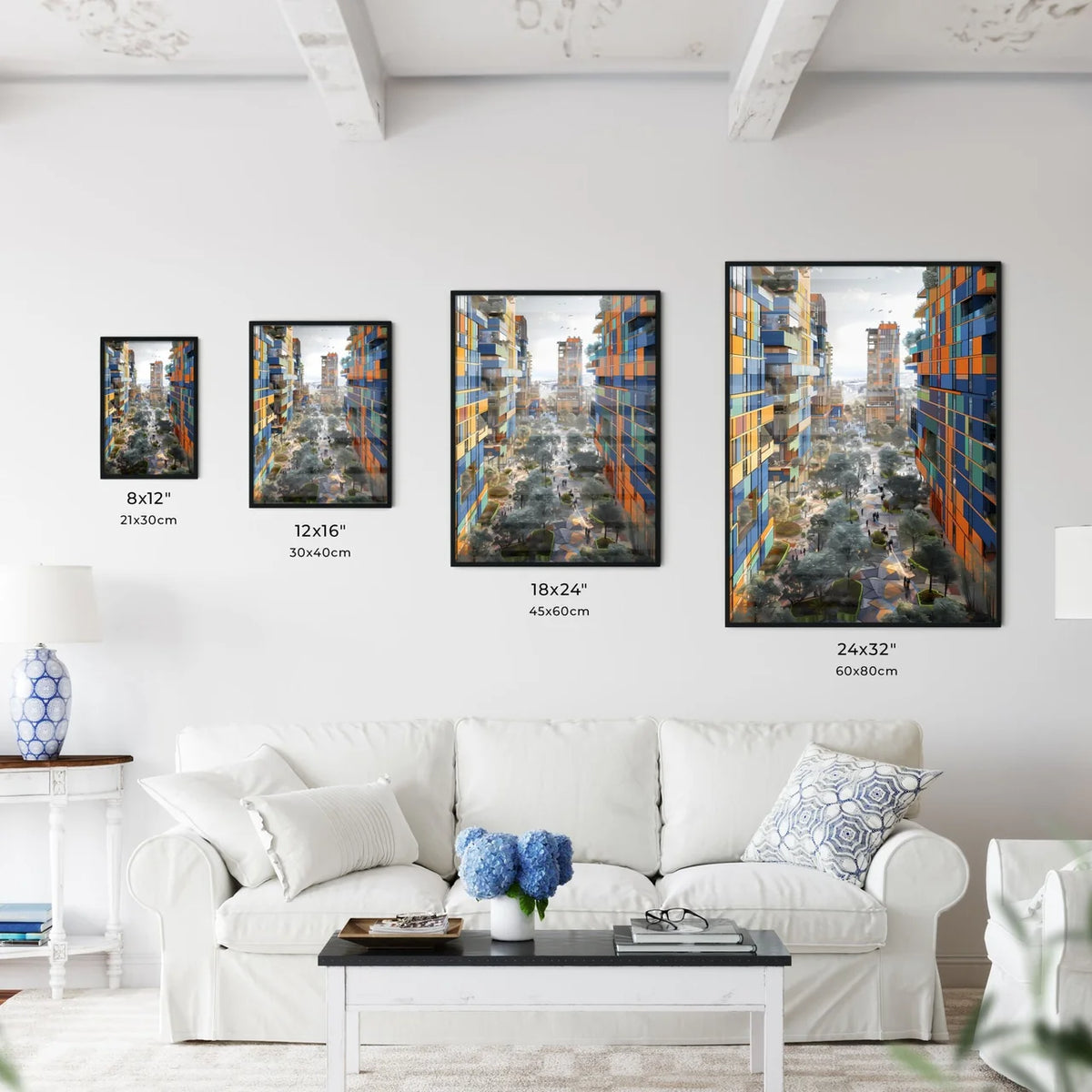 Urban Painting Depicting City Life with Walking People, Showcasing Artistic Style and Vibrant Colors Size Chart