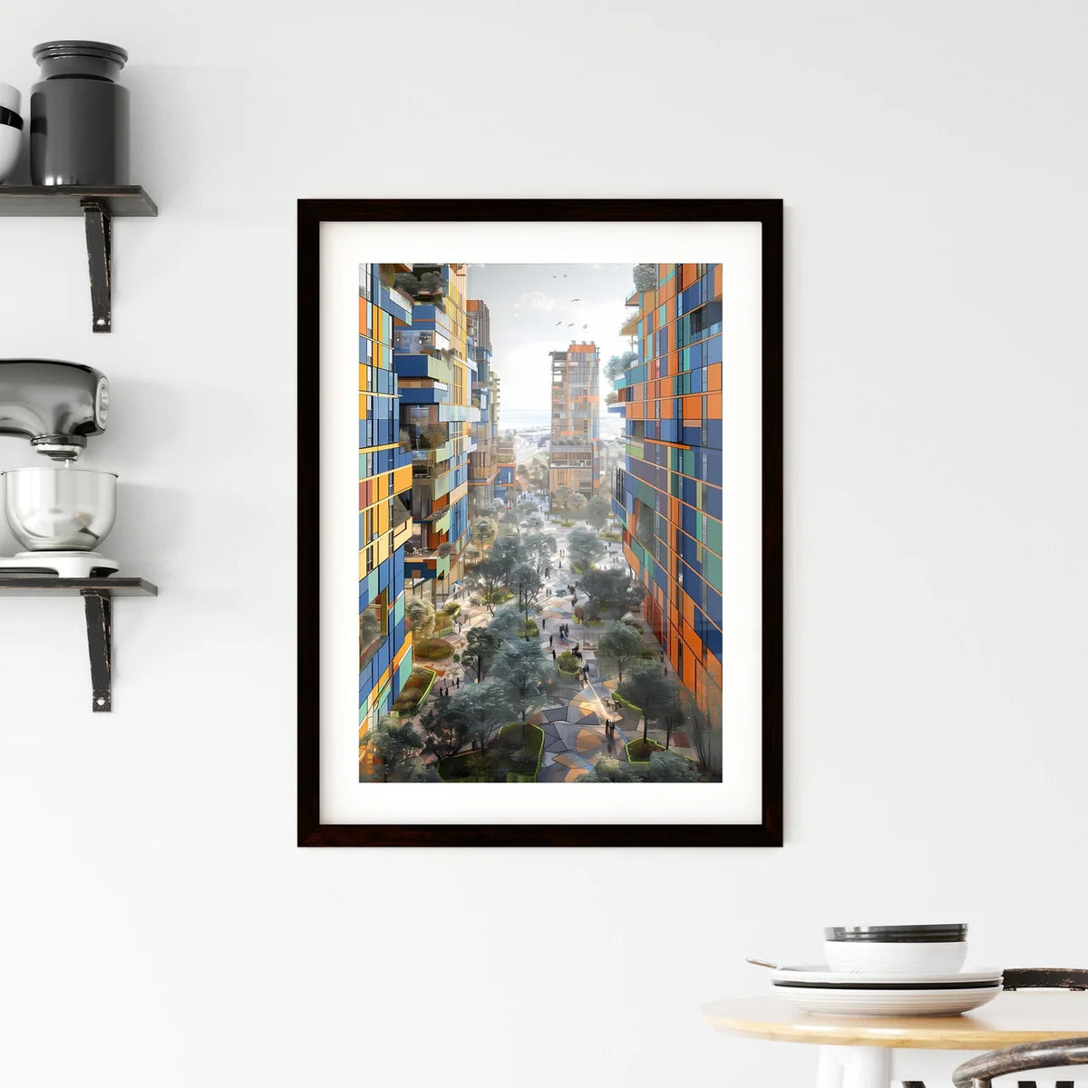Urban Painting Depicting City Life with Walking People, Showcasing Artistic Style and Vibrant Colors Custom Print