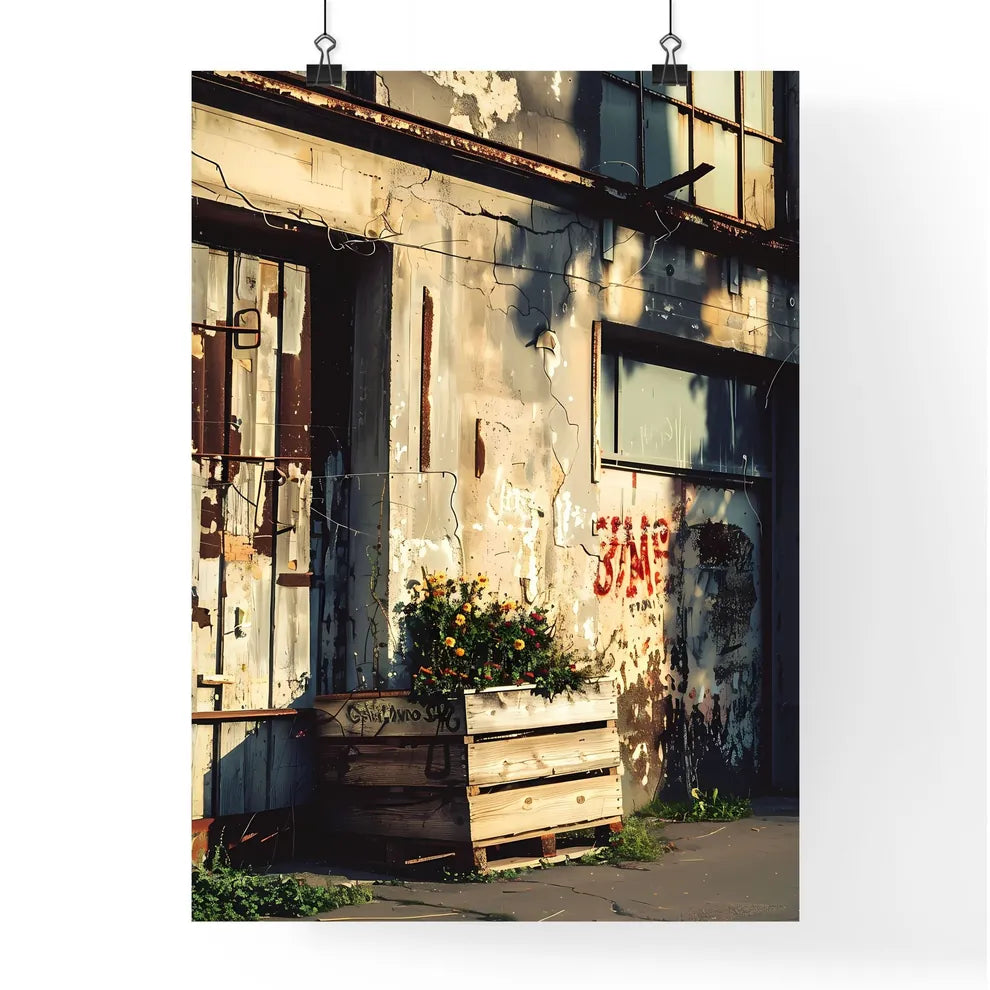 Vibrant Urban Still Life: Wooden Crates with Flowers Against a Cityscape Poster