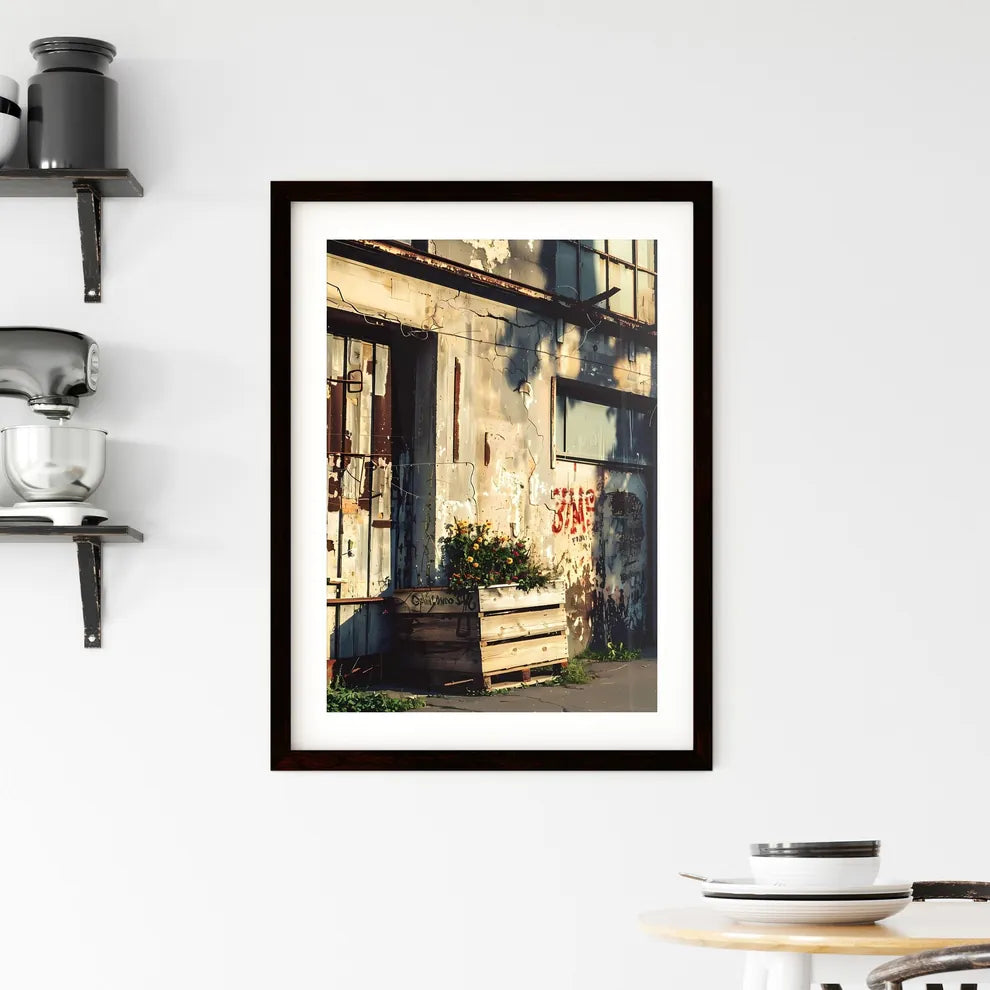 Vibrant Urban Still Life: Wooden Crates with Flowers Against a Cityscape Custom Print