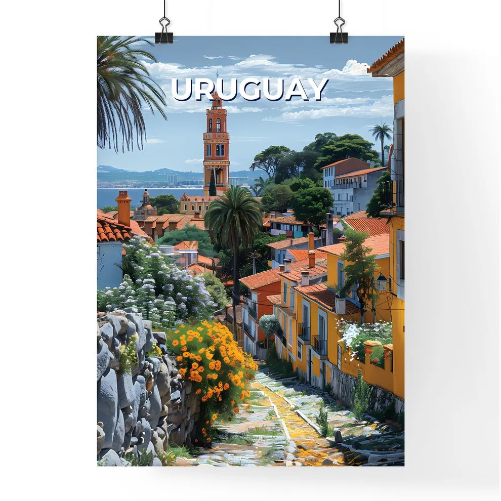 Vibrant Street Scene in Uruguay: Colorful Buildings and Lush Trees Poster