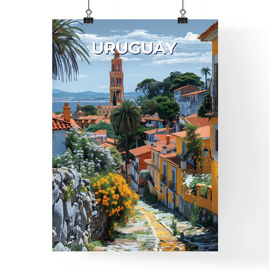 Vibrant Street Scene in Uruguay: Colorful Buildings and Lush Trees Poster