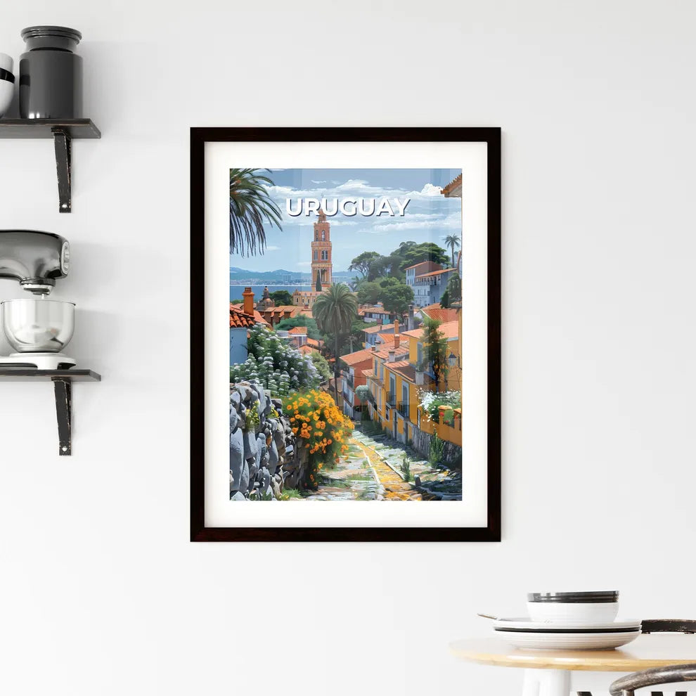 Vibrant Street Scene in Uruguay: Colorful Buildings and Lush Trees Custom Print