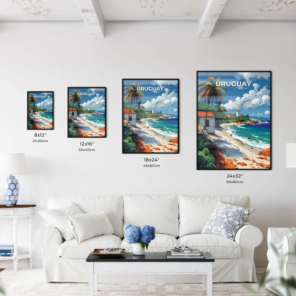Artistic Beach in Uruguay, South America: Vibrant Painting with Palm Trees and Buildings Size Chart