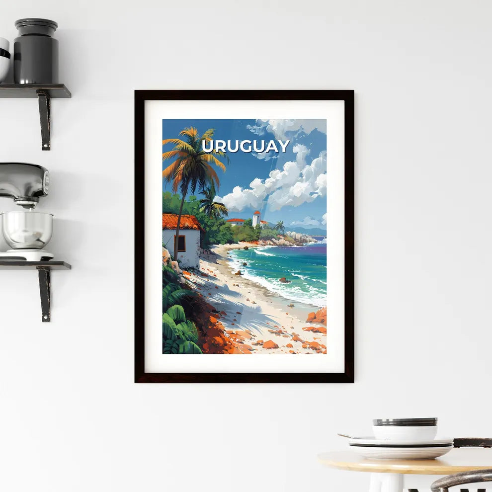 Artistic Beach in Uruguay, South America: Vibrant Painting with Palm Trees and Buildings Custom Print