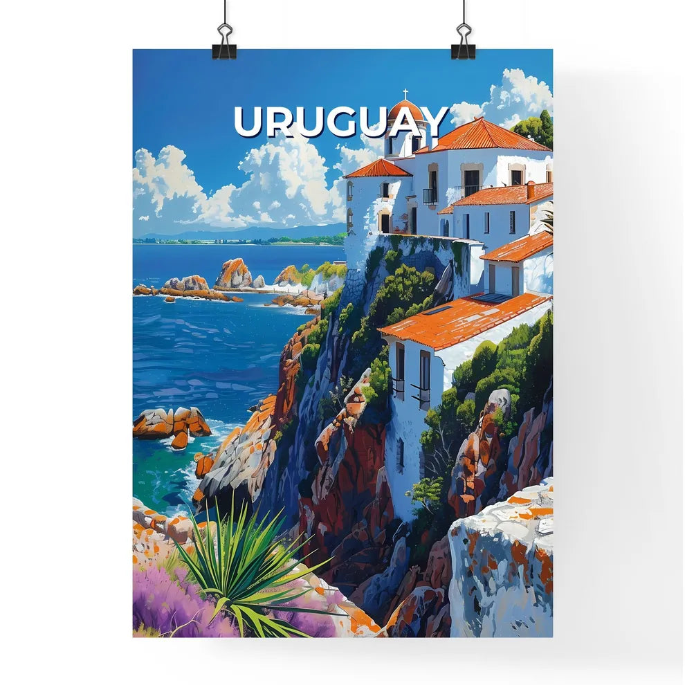 Vibrant Uruguay Painting: White Clifftop Building by South American Ocean Poster