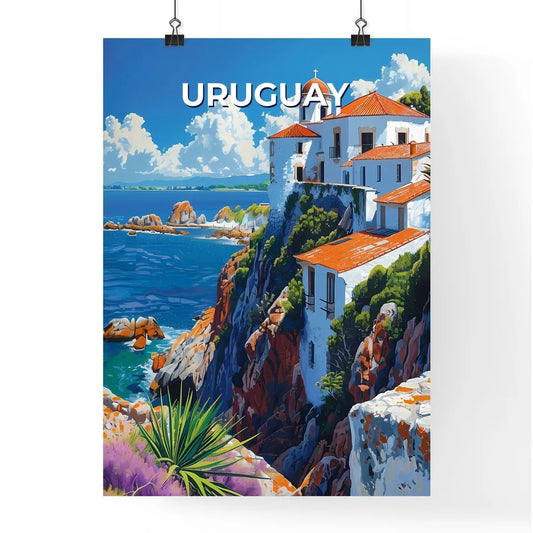 Vibrant Uruguay Painting: White Clifftop Building by South American Ocean Poster
